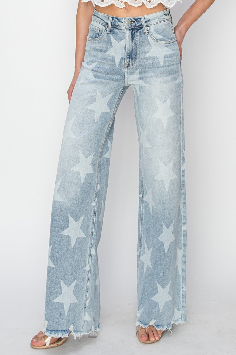 RISEN Full Size Raw Hem Star Wide Leg Jeans Trendsi