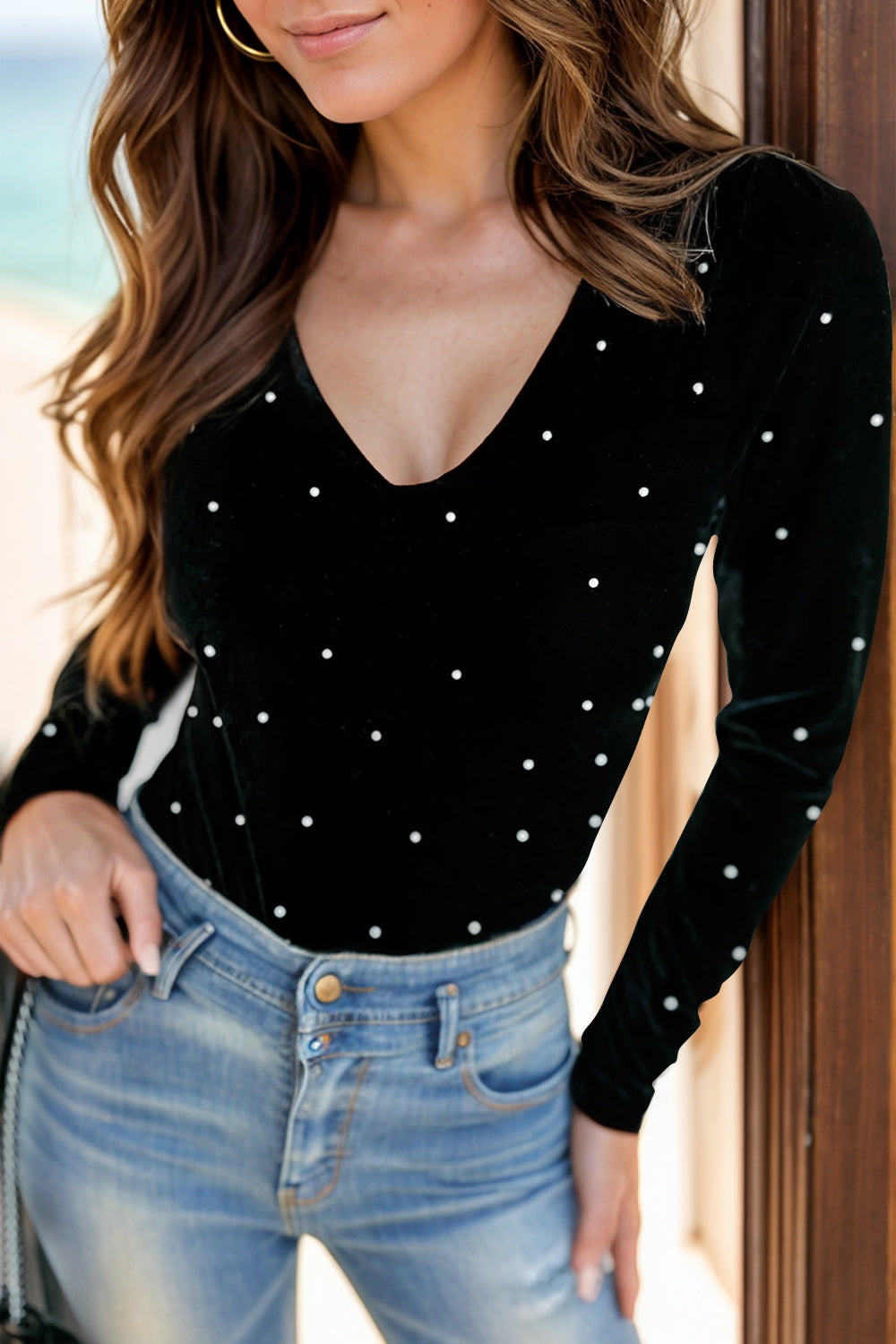 Pearl Detail V-Neck Long Sleeve Bodysuit Trendsi