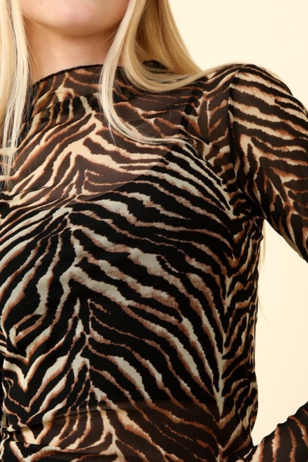 VERY J  Zebra Print Mock Neck Sheer Mesh Blouse Trendsi