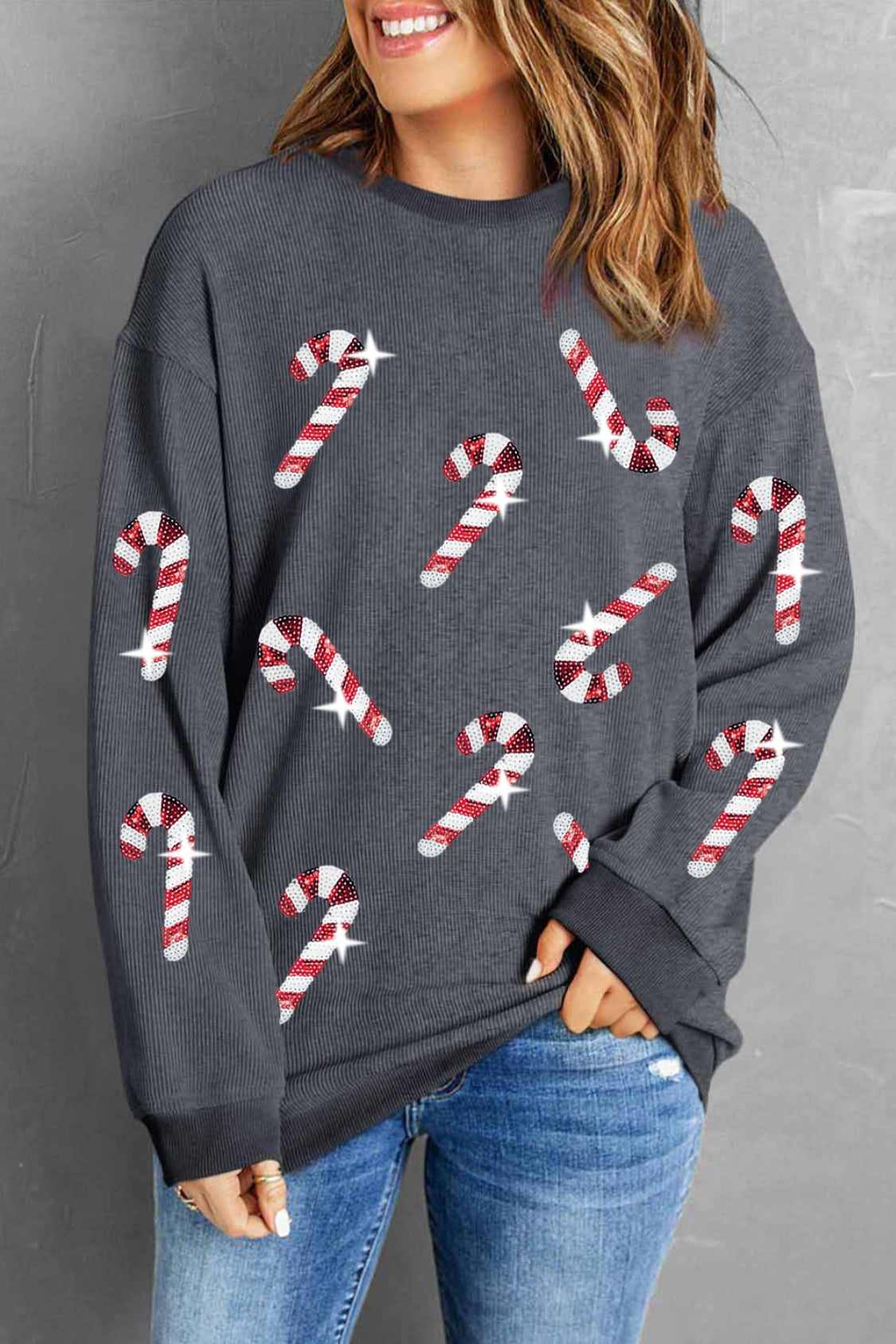 Sequin Candy Cane Round Neck Sweatshirt Trendsi