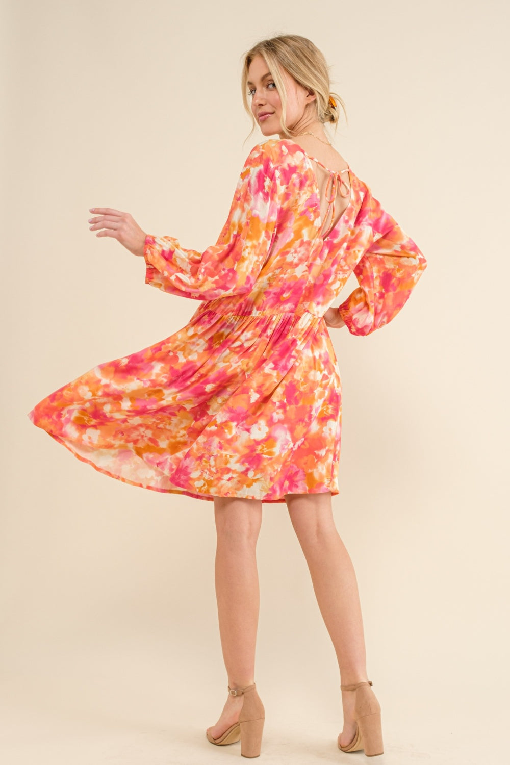 And The Why Full Size Printed Tie Back Long Sleeve Dress Trendsi