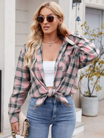 Mandy Pocketed Plaid Collared Neck Long Sleeve Shirt Trendsi