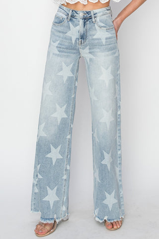 RISEN Full Size Raw Hem Star Wide Leg Jeans Trendsi