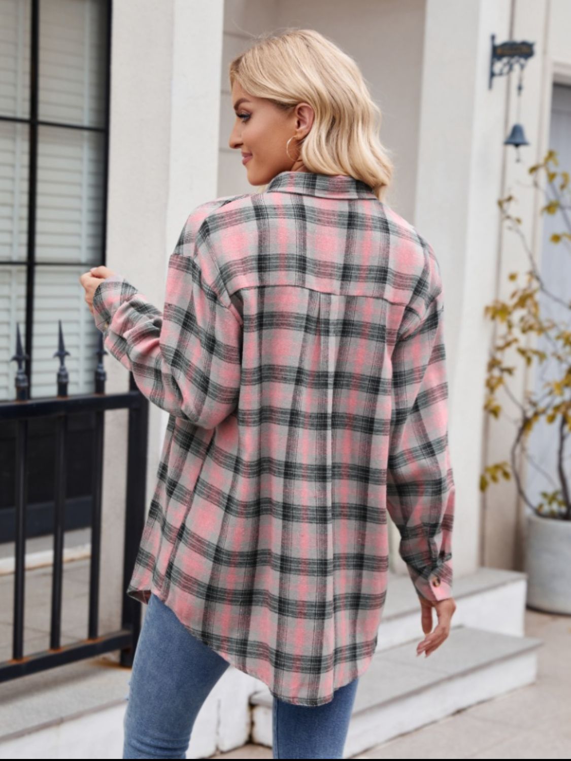 Mandy Pocketed Plaid Collared Neck Long Sleeve Shirt Trendsi