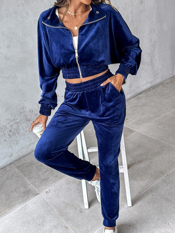 Zip Up Long Sleeve Cropped Top and Joggers Set Trendsi