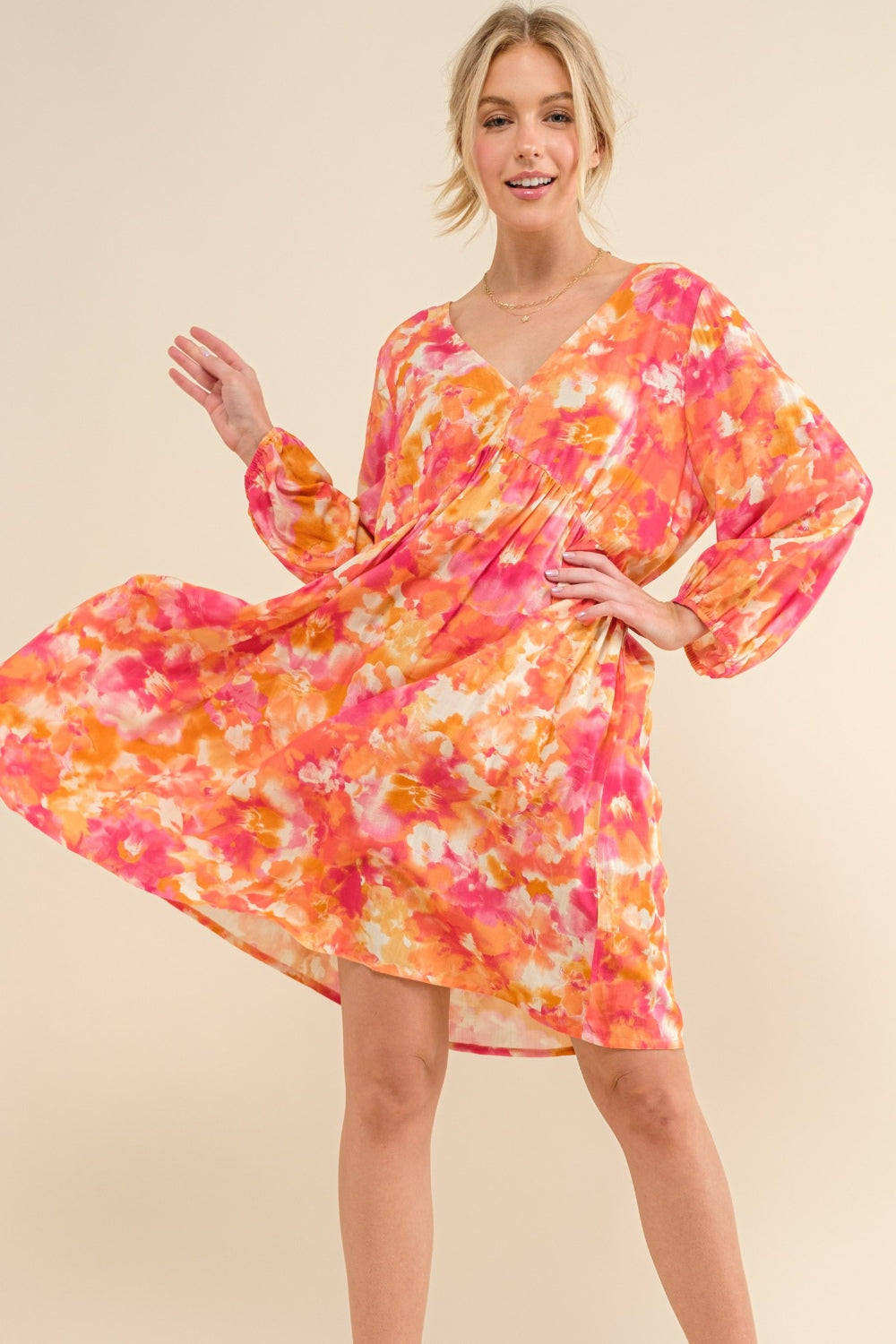 And The Why Full Size Printed Tie Back Long Sleeve Dress Trendsi