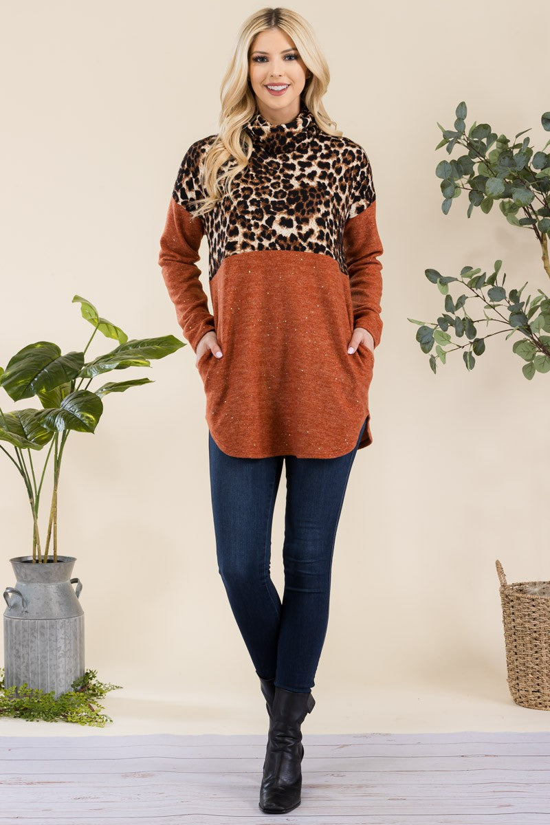 Celeste Full Size Curved Hem Leopard Turtleneck Long Sleeve Blouse Trendsi