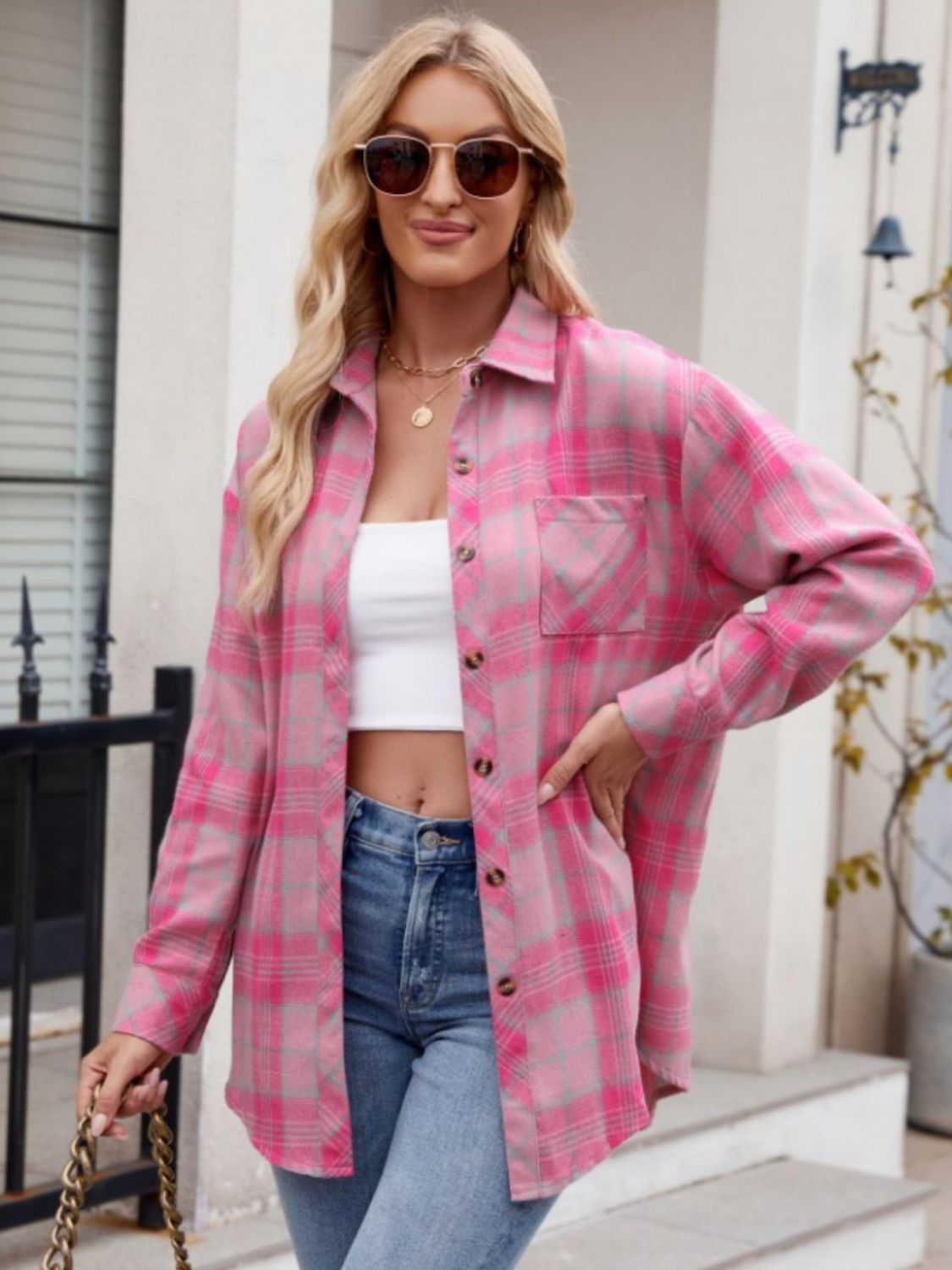 Mandy Pocketed Plaid Collared Neck Long Sleeve Shirt Trendsi