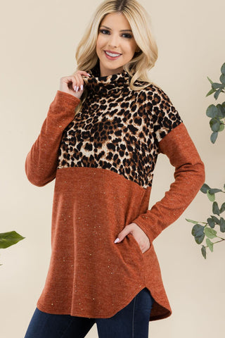 Celeste Full Size Curved Hem Leopard Turtleneck Long Sleeve Blouse Trendsi