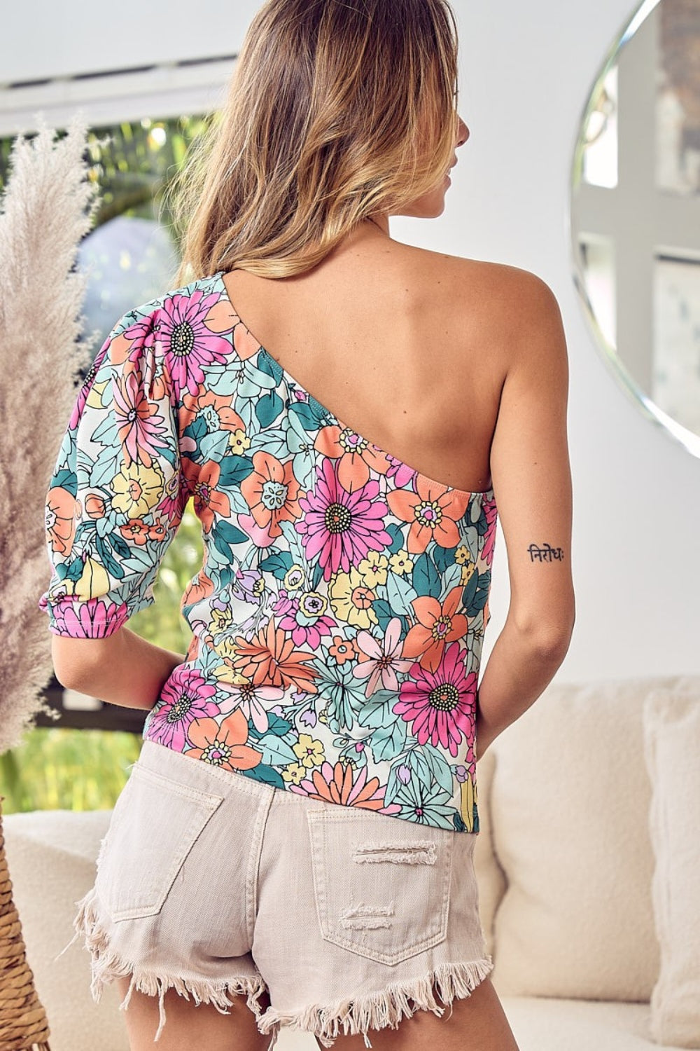 BiBi Floral Puff Sleeve One Shoulder Top Trendsi