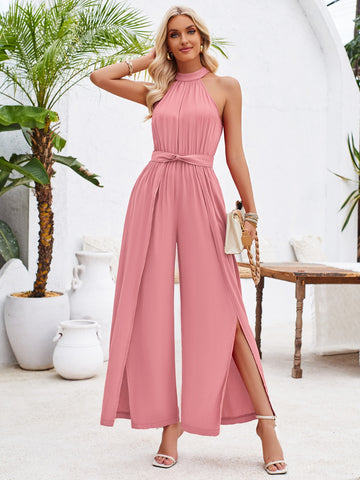 Ruched Slit Tied Sleeveless Jumpsuit Trendsi
