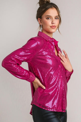 Umgee Sequin Long Sleeve Shirt with Side Chest Pocket Trendsi