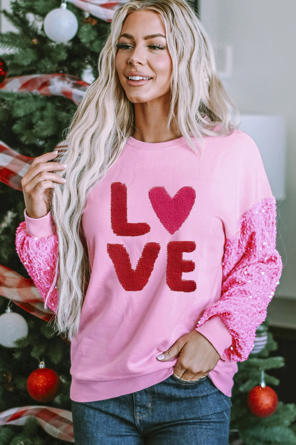 LOVE Sequin Dropped Shoulder Sweatshirt Trendsi