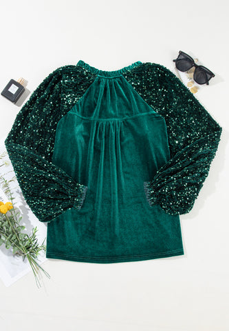 Sequin Notched Long Sleeve Blouse Trendsi