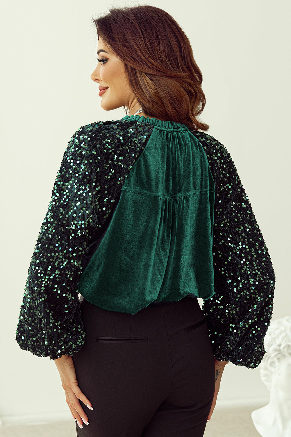 Sequin Notched Long Sleeve Blouse Trendsi