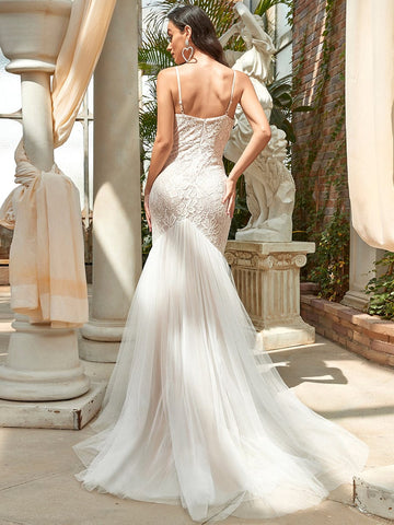 Spaghetti Strap Lace Backless Long Fishtail Wedding Dress Fashion Boss 21