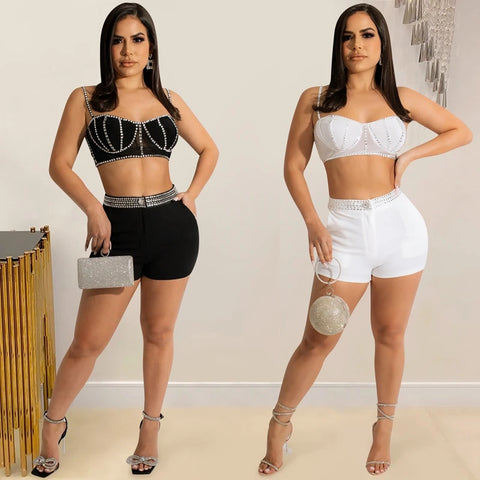 Party Sexy Two Piece Set Women Birthday Festival Outfit Summer Co Ord Short Set Rhinestone Crop Top Shorts Club Matching Sets Fashion Boss 21