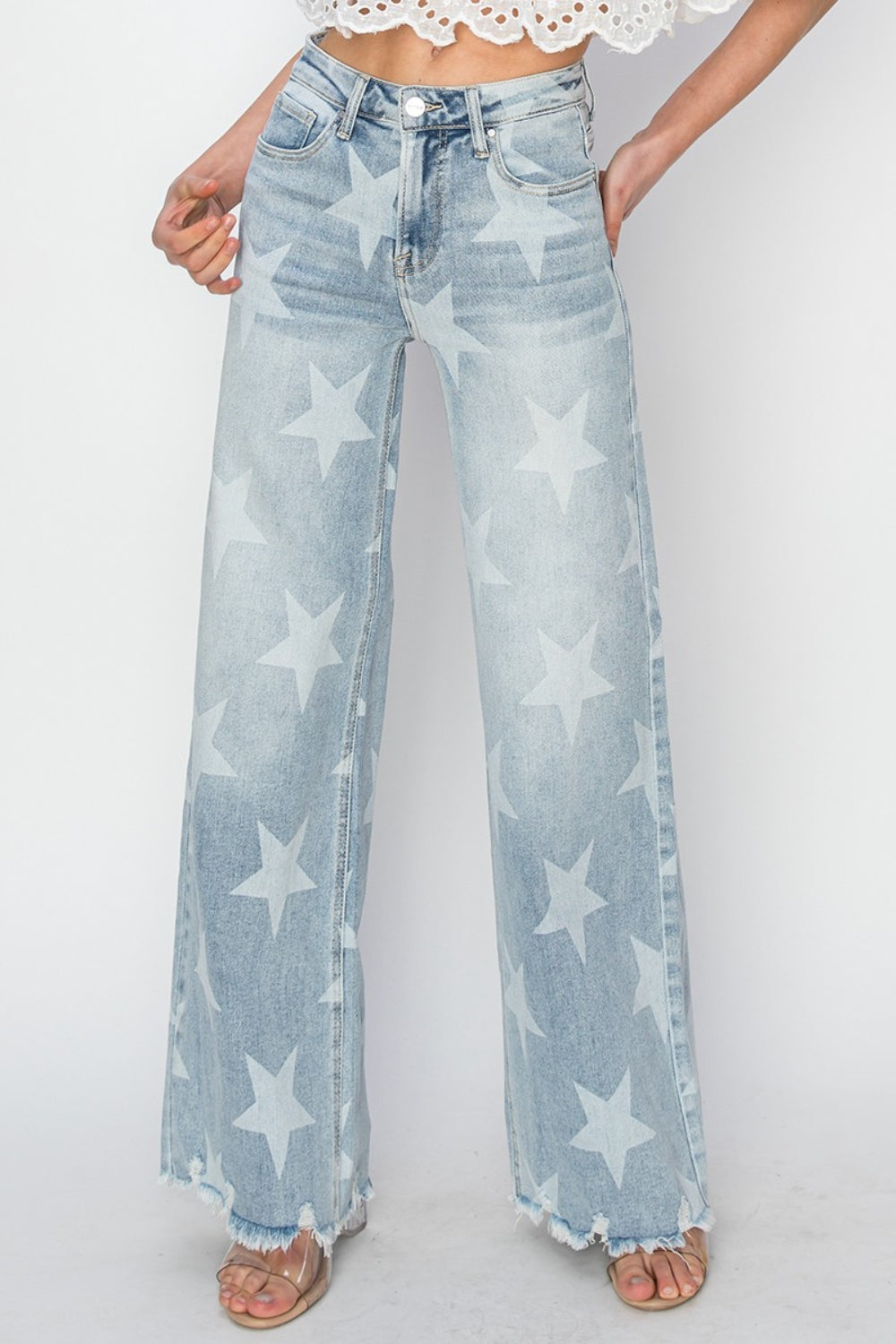 RISEN Full Size Raw Hem Star Wide Leg Jeans Trendsi