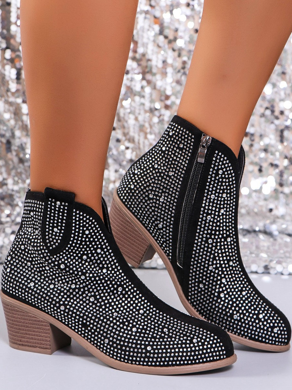 Rhinestone Point Toe Block Heel Boots Trendsi