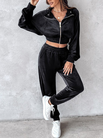 Zip Up Long Sleeve Cropped Top and Joggers Set Trendsi