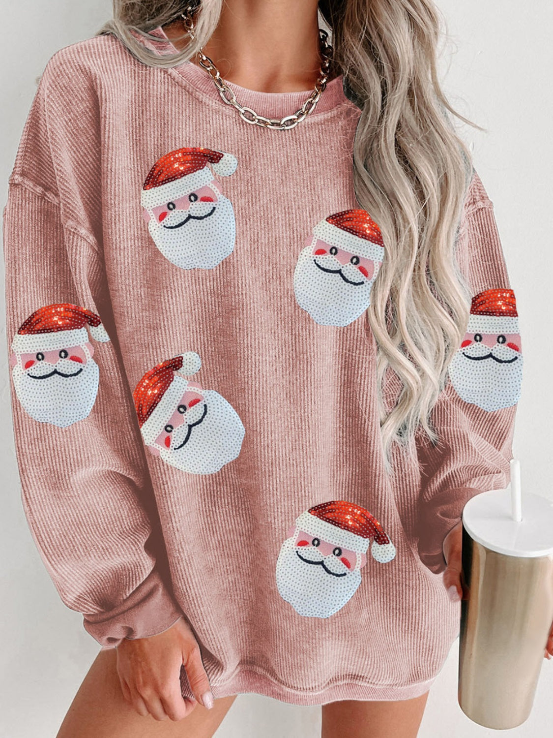 Sequin Santa Patch Ribbed Sweatshirt Trendsi