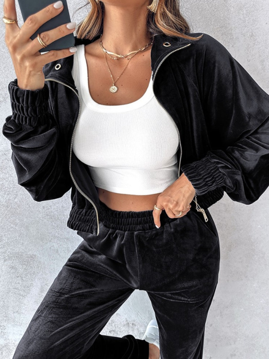 Zip Up Long Sleeve Cropped Top and Joggers Set Trendsi