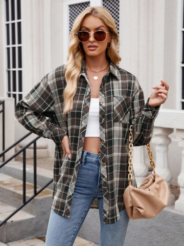 Mandy Pocketed Plaid Collared Neck Long Sleeve Shirt Trendsi