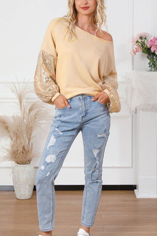 Sequin Crisscross Boat Neck Long Sleeve Blouse Trendsi