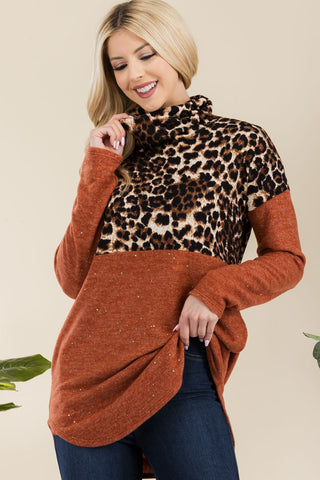 Celeste Full Size Curved Hem Leopard Turtleneck Long Sleeve Blouse Trendsi