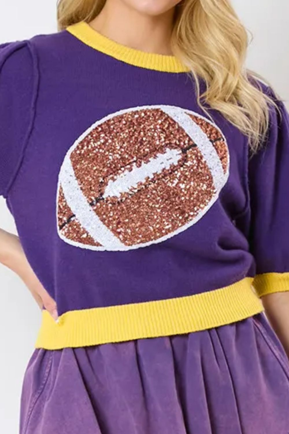 Sequin Football Round Neck Short Sleeve Top Trendsi