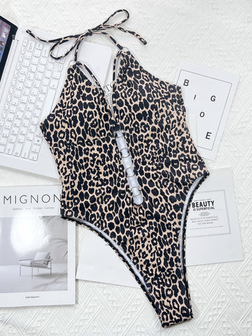 Leopard Cutout Halter Neck One-Piece Swimwear Trendsi