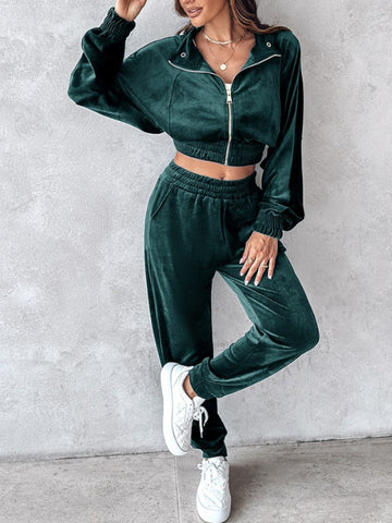 Zip Up Long Sleeve Cropped Top and Joggers Set Trendsi