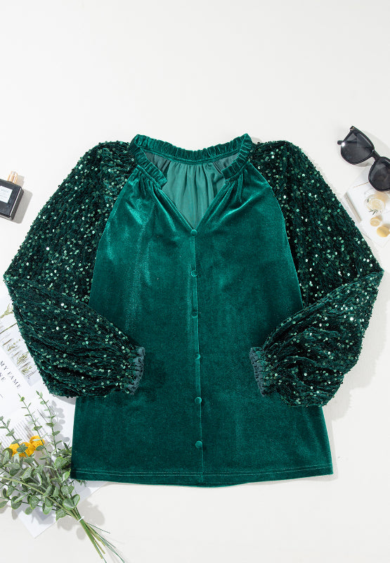 Sequin Notched Long Sleeve Blouse Trendsi