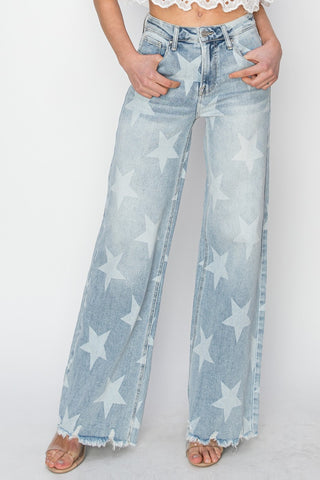 RISEN Full Size Raw Hem Star Wide Leg Jeans Trendsi