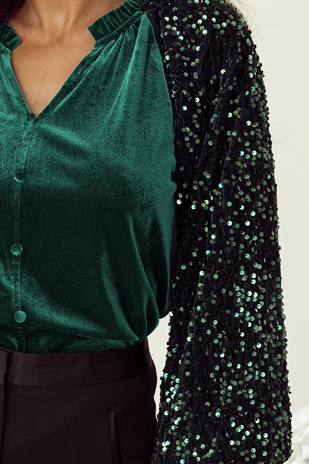 Sequin Notched Long Sleeve Blouse Trendsi