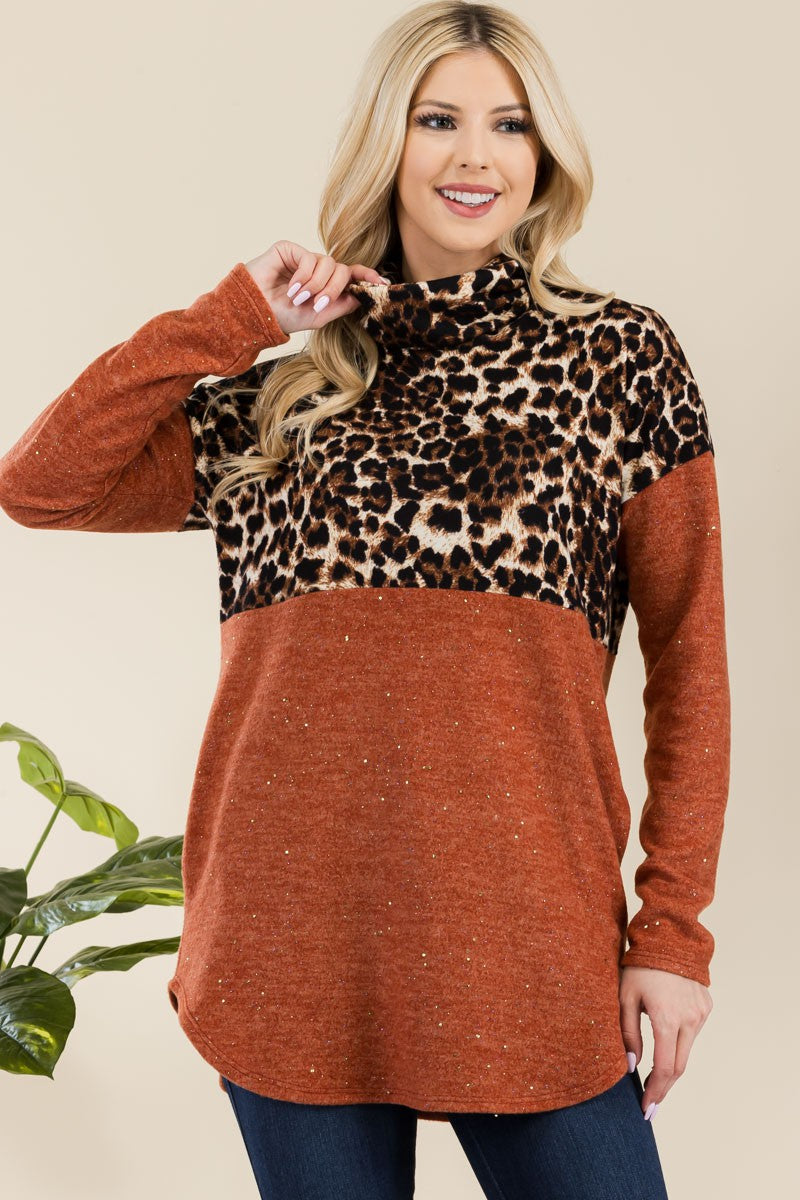 Celeste Full Size Curved Hem Leopard Turtleneck Long Sleeve Blouse Trendsi