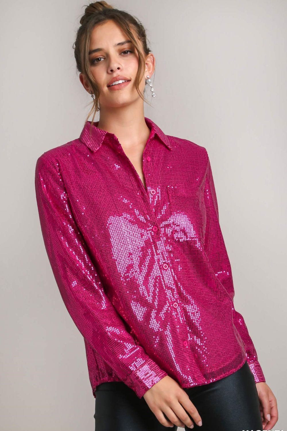 Umgee Sequin Long Sleeve Shirt with Side Chest Pocket Trendsi