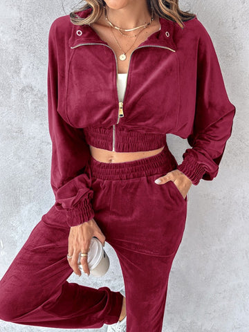 Zip Up Long Sleeve Cropped Top and Joggers Set Trendsi