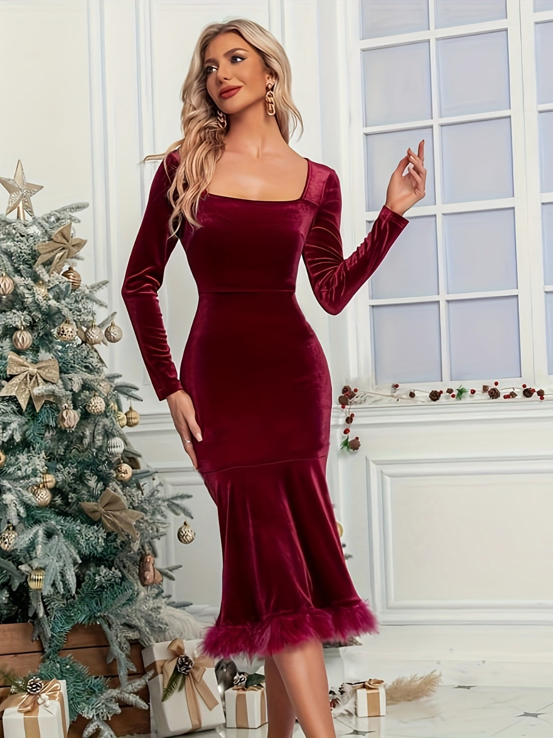 Plush Hem Square Neck Long Sleeve Dress Trendsi