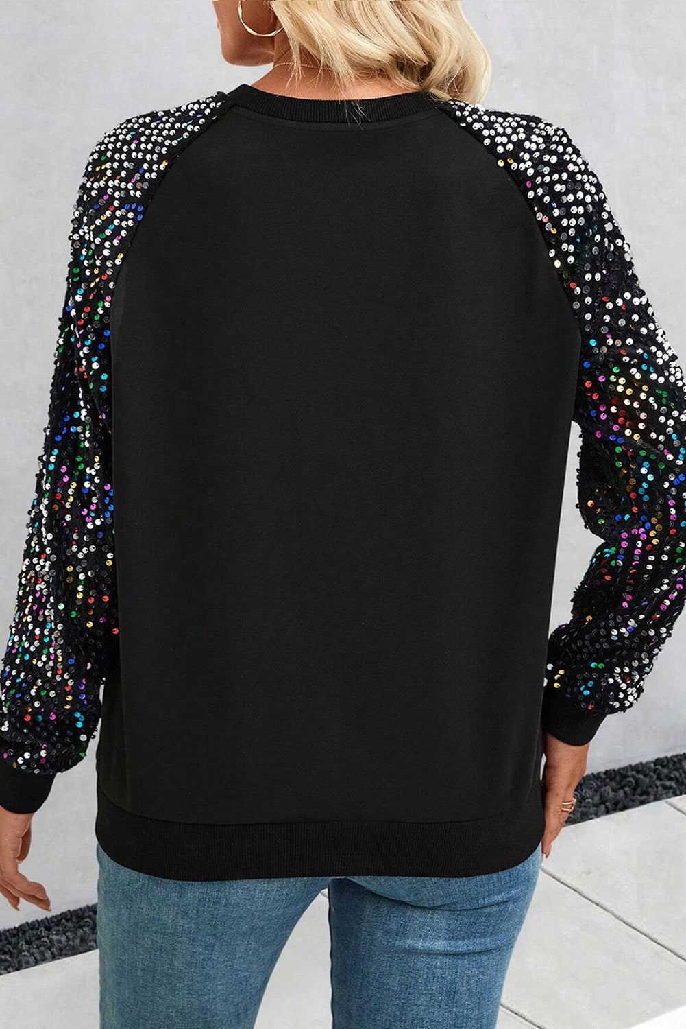 Sequin Round Neck Long Sleeve Blouse Trendsi