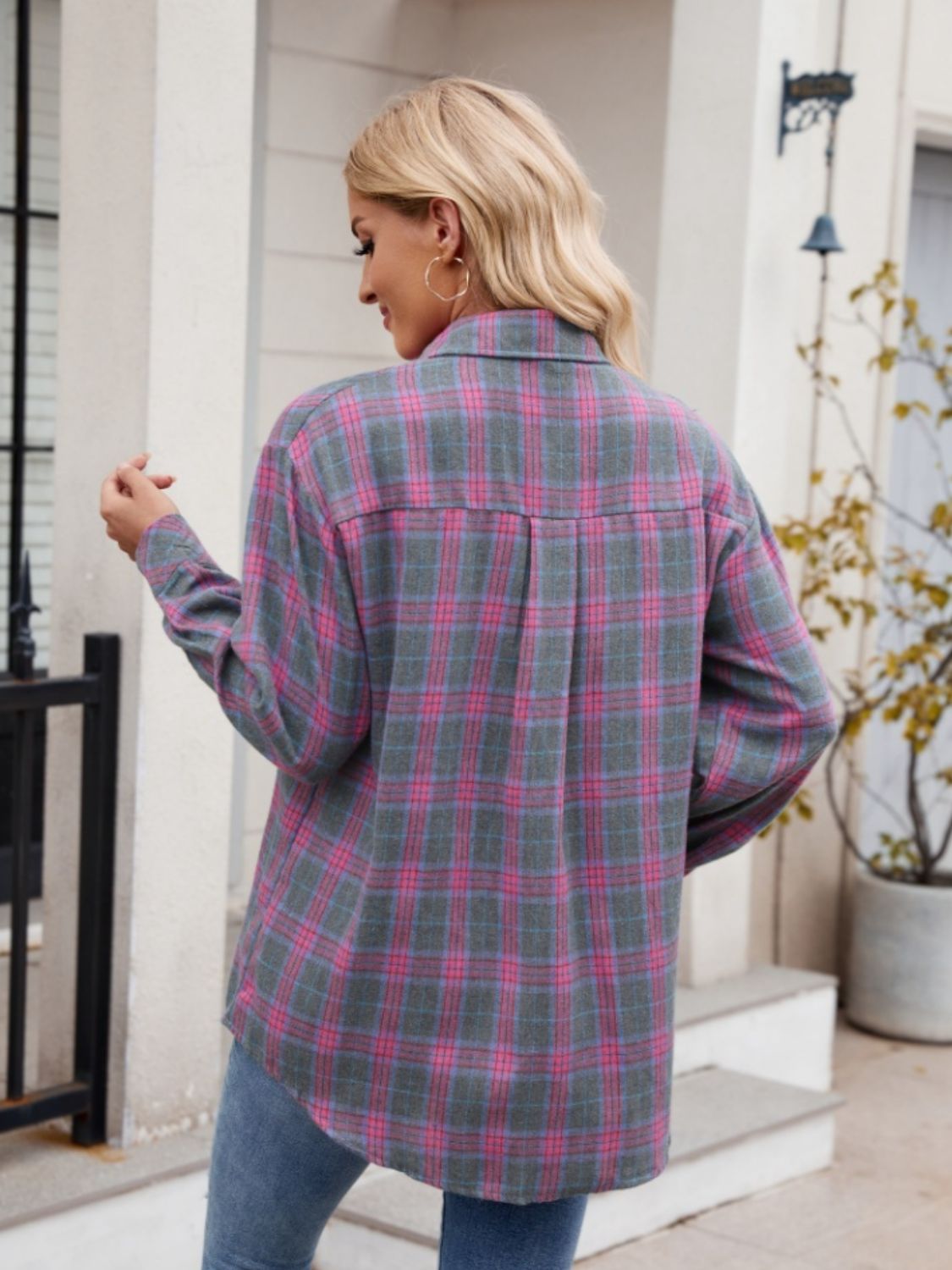 Mandy Pocketed Plaid Collared Neck Long Sleeve Shirt Trendsi