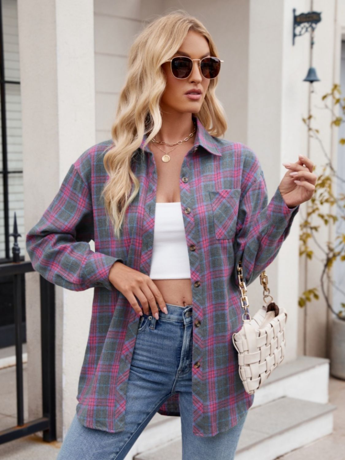 Mandy Pocketed Plaid Collared Neck Long Sleeve Shirt Trendsi