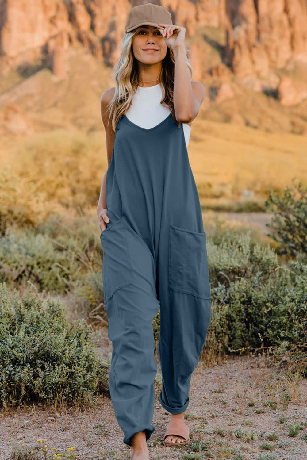 Double Take Full Size V-Neck Sleeveless Jumpsuit with Pockets Trendsi