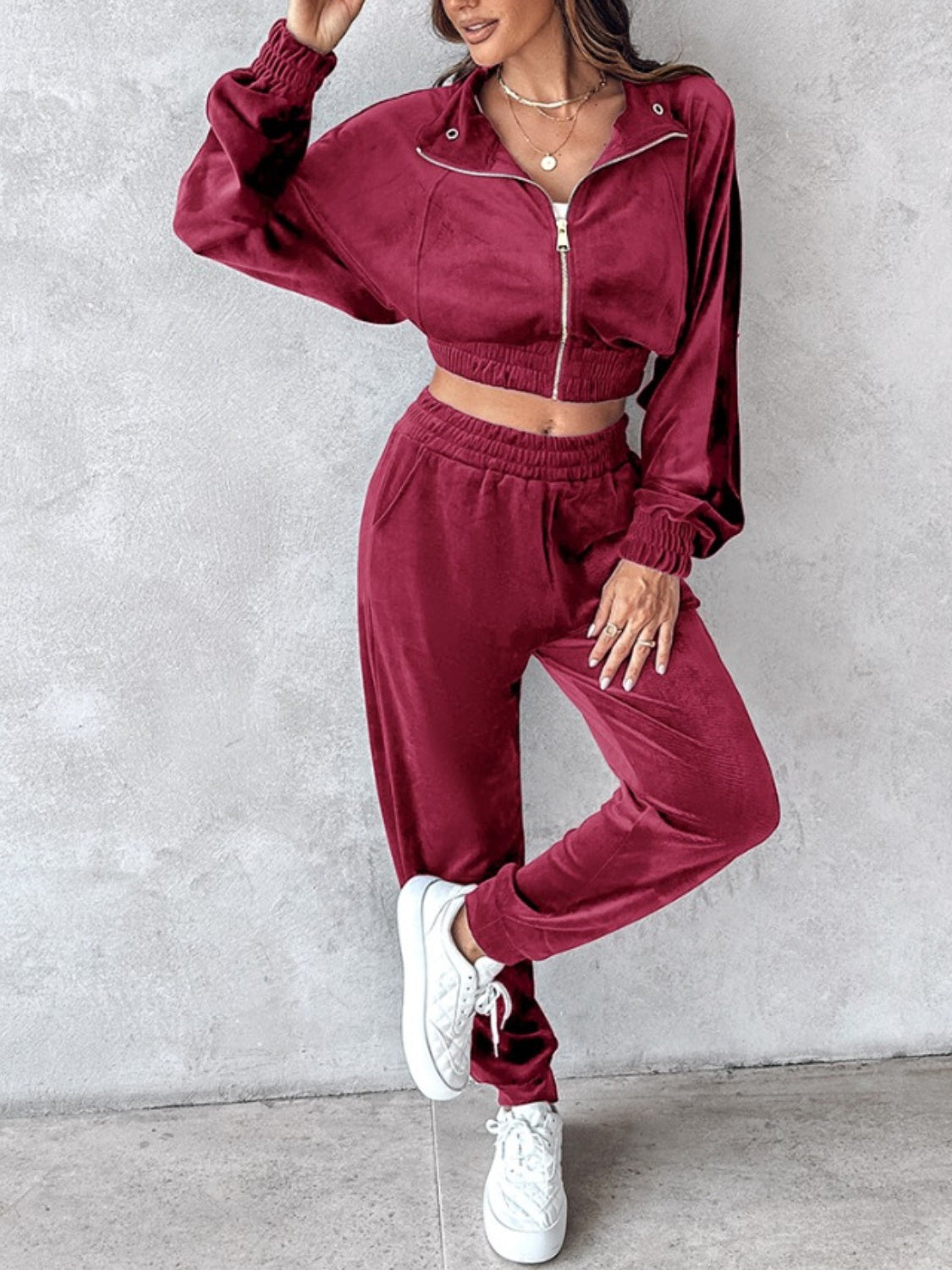 Zip Up Long Sleeve Cropped Top and Joggers Set Trendsi