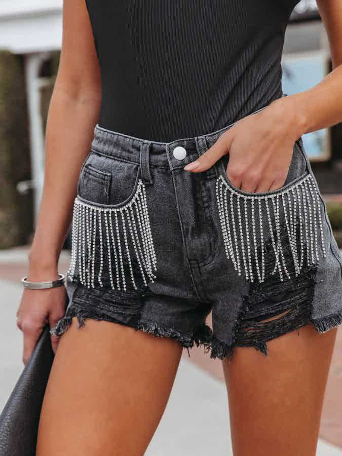 Distressed Fringe Denim Shorts with Pockets Trendsi