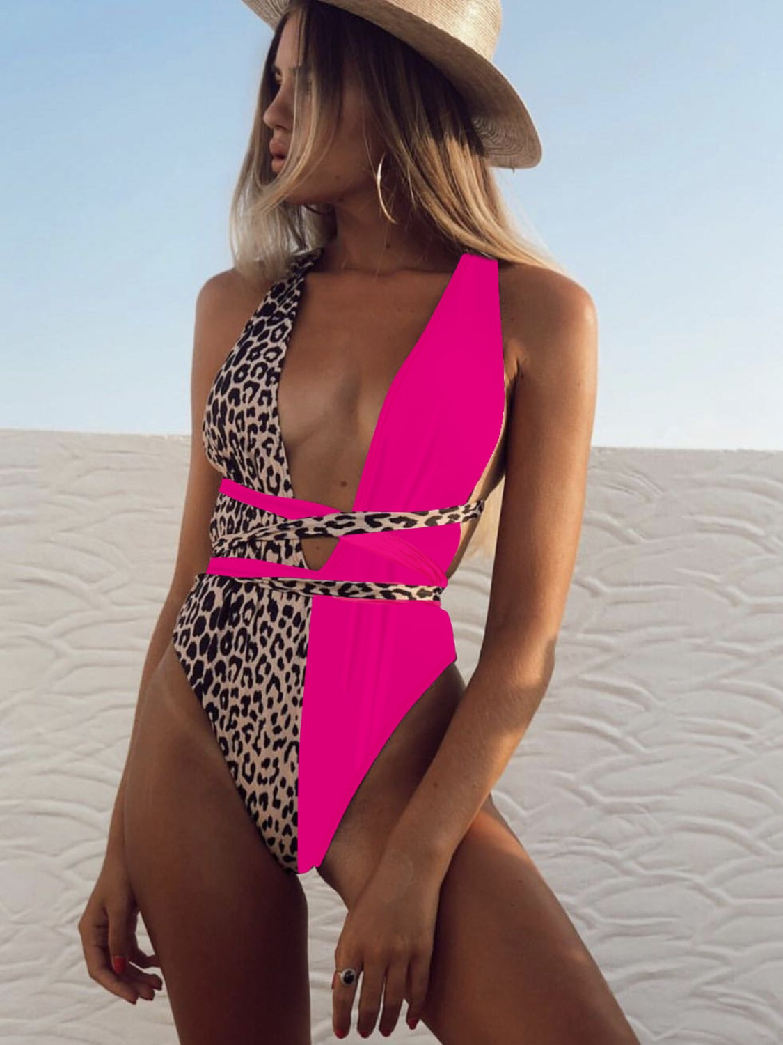 Tied Leopard Plunge One-Piece Swimwear Trendsi