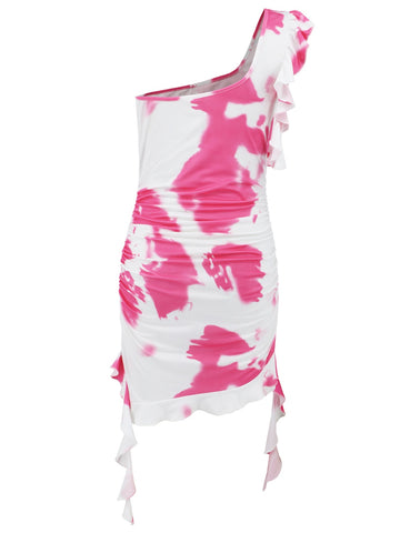 Ruffled Tie-Dye Single Shoulder Mini Dress Trendsi