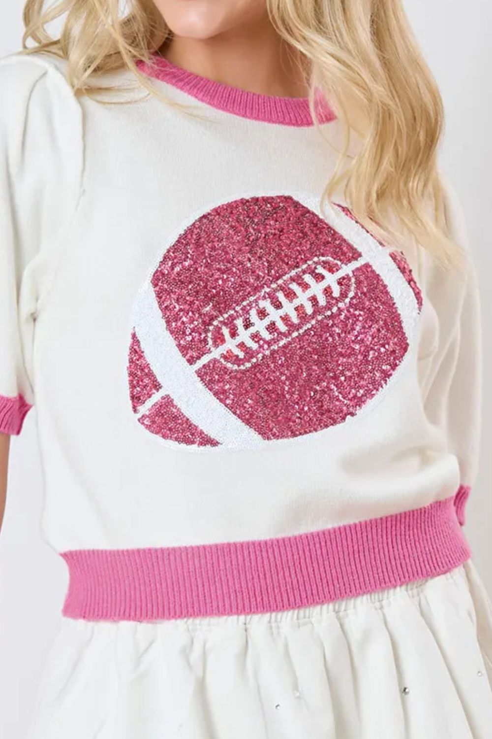 Sequin Football Round Neck Short Sleeve Top Trendsi