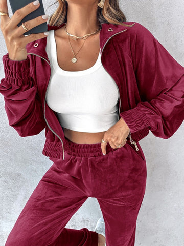 Zip Up Long Sleeve Cropped Top and Joggers Set Trendsi