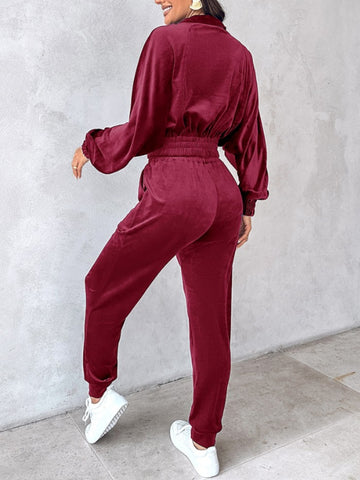 Zip Up Long Sleeve Cropped Top and Joggers Set Trendsi